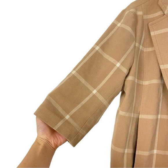 Toccin Nude Plaid Jacket Women XS Midi Length 3/4 Long Sleeves Tan Ivory Pockets - Picture 4 of 14